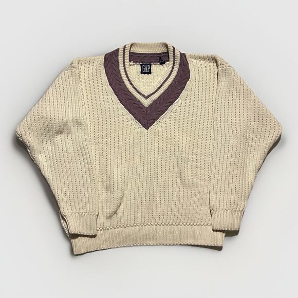 Vintage Gap Preppy V Neck Tennis Cable Knit Sweater Size XL - Picture 1 of 6